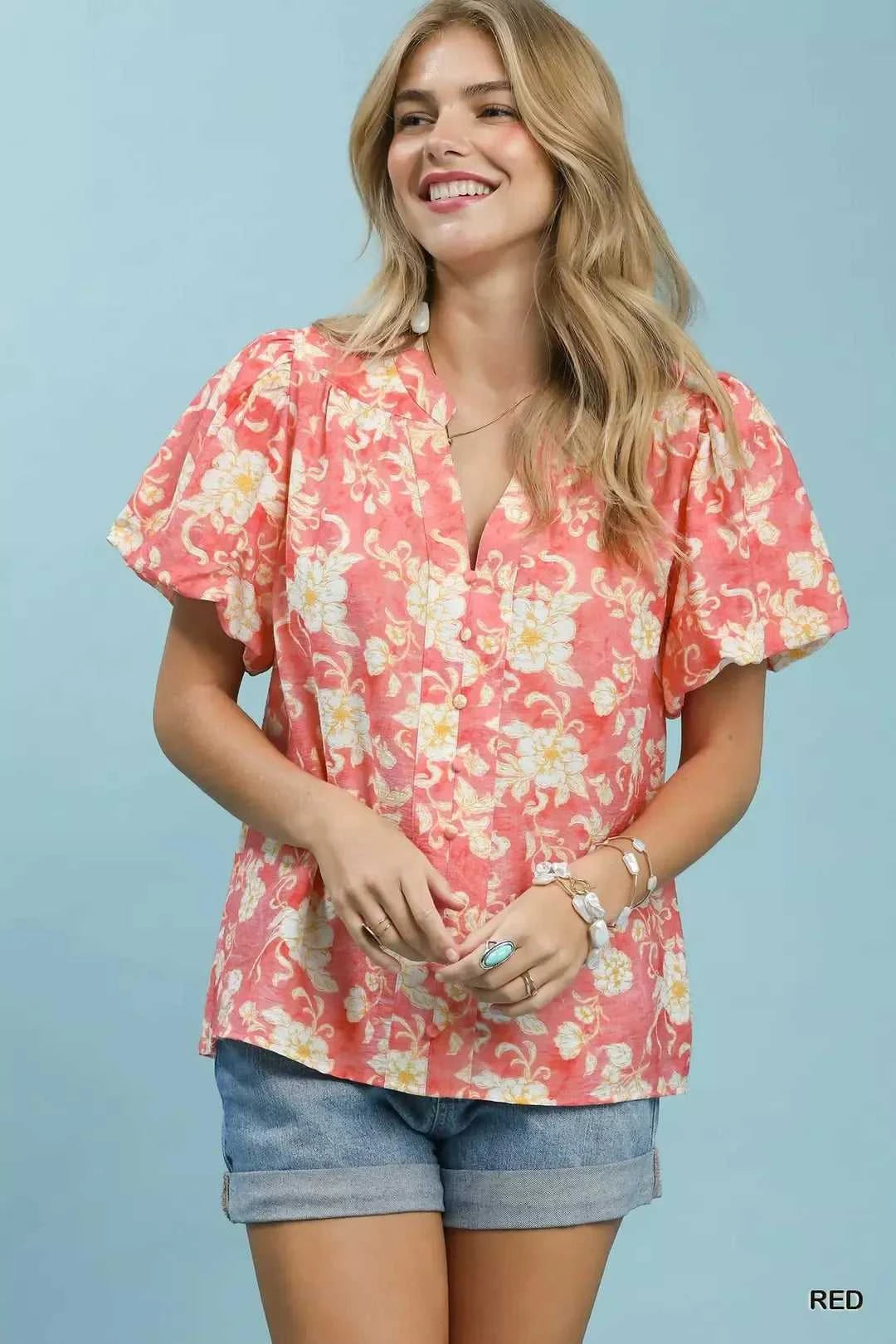 Umgee Floral Button-Front Short Sleeve Shirt 100100061121128 49 Gifts for Her Jerry's Apparel 