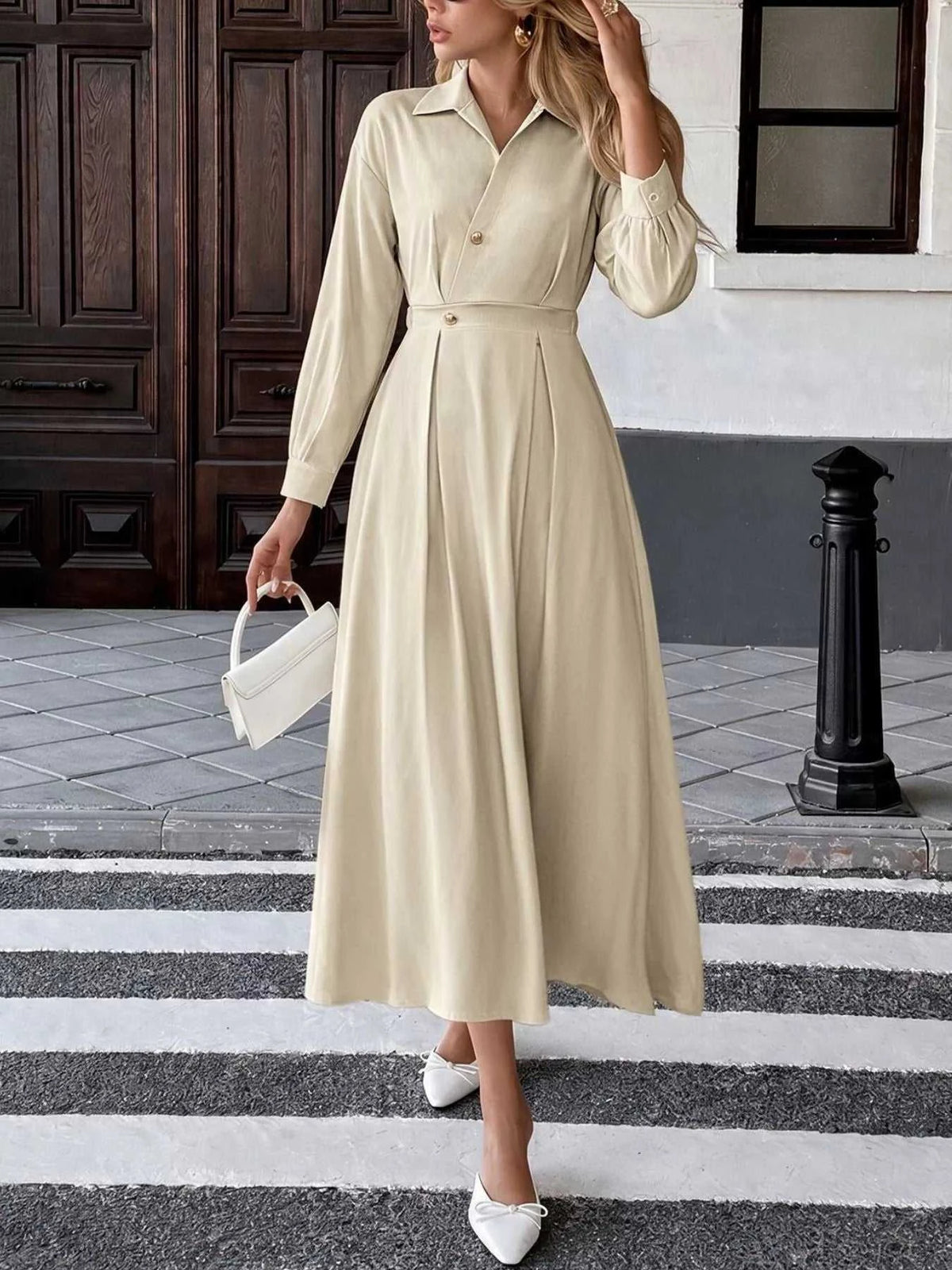 Pleated Button Detail Long Sleeve Shirt Dress 101001048648806 56 Affordable Fashion Under $100 Jerry's Apparel 
