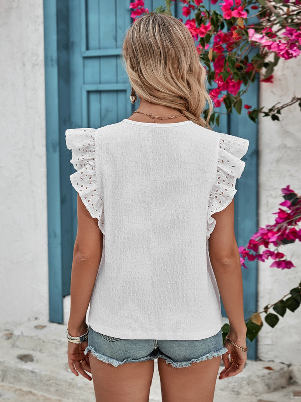 Ruffled V-Neck Cap Sleeve Blouse