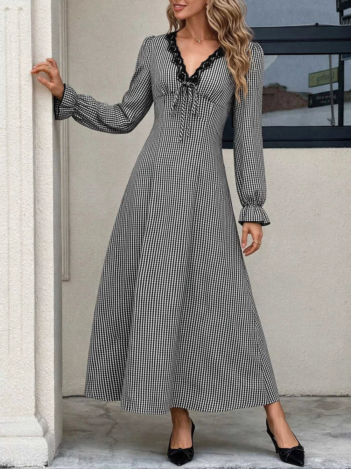 Gingham Lace-Trim V-Neck Long Sleeve A-Line Maxi Dress 101001996406806 52 Affordable Fashion Under $100 Jerry's Apparel 
