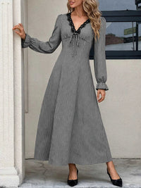 Gingham Lace-Trim V-Neck Long Sleeve A-Line Maxi Dress 101001996406806 52 Affordable Fashion Under $100 Jerry's Apparel 