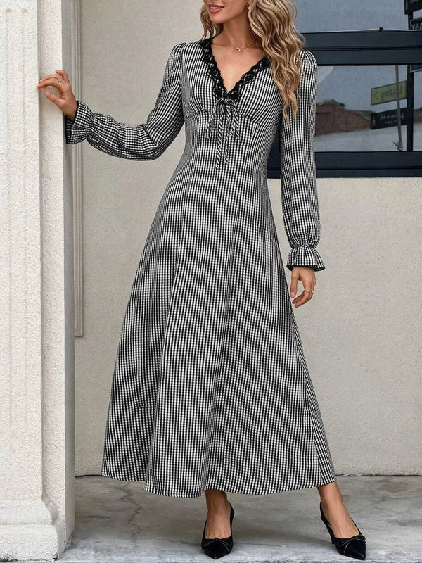 Gingham Lace-Trim V-Neck Long Sleeve A-Line Maxi Dress 101001996406806 52 Affordable Fashion Under $100 Jerry's Apparel 