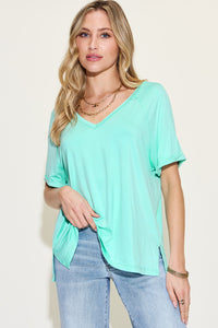 Full Size Bamboo Slit V-Neck Short Sleeve T-Shirt