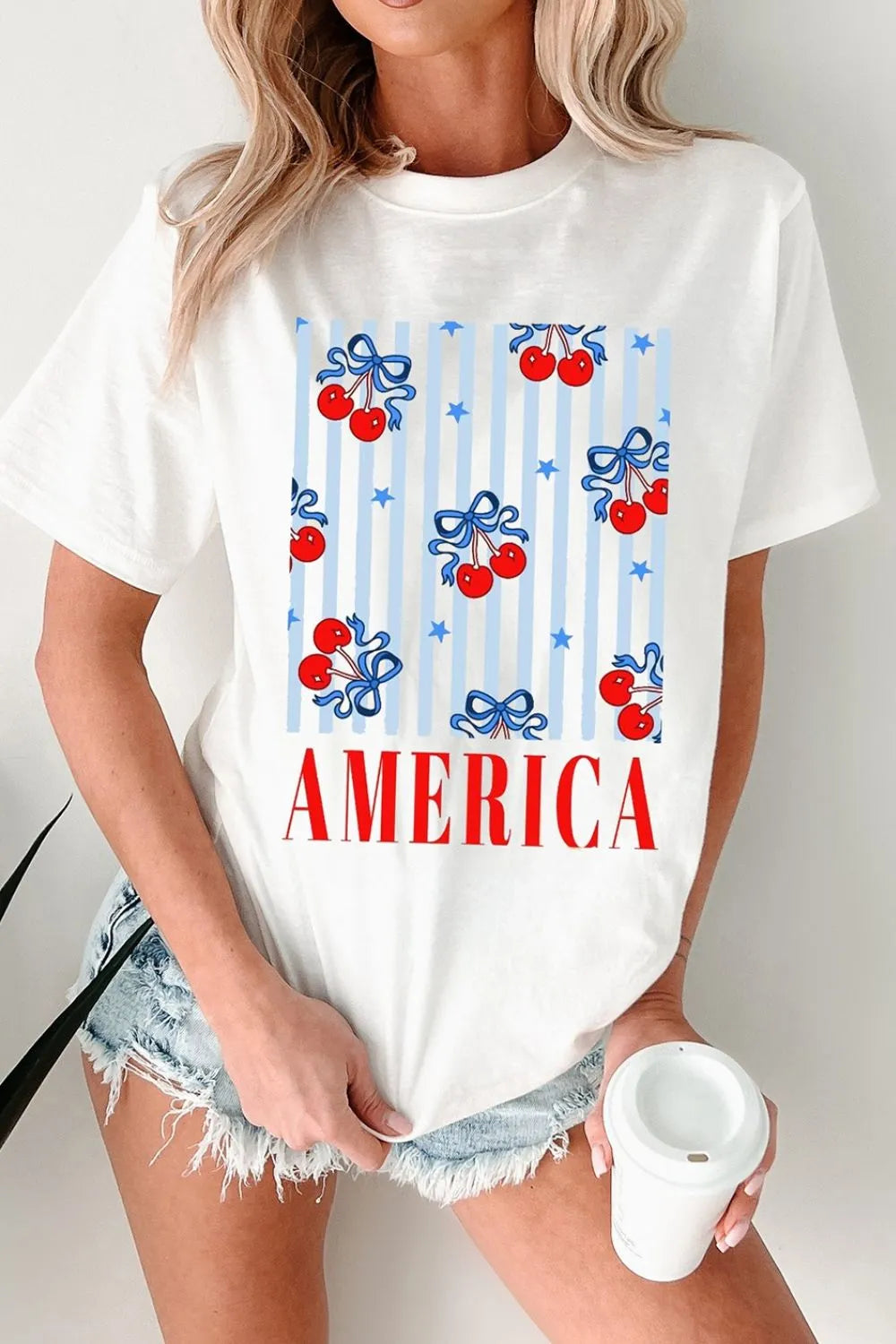 Bow Cherry AMERICA Graphic Crewneck Patriotic T Shirt