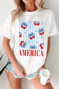 Bow Cherry AMERICA Graphic Crewneck Patriotic T Shirt