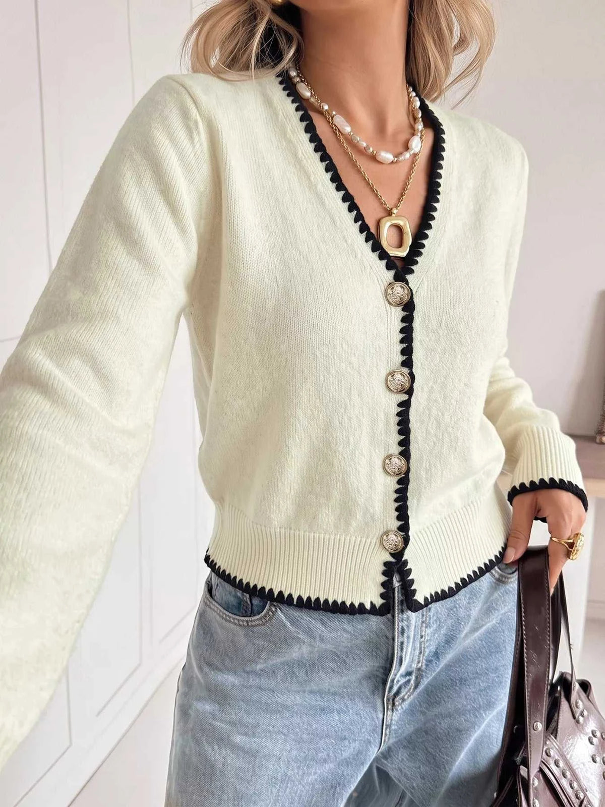 Contrast Trim V-Neck Button-Down Cardigan 101002872931400 55 Affordable Fashion Under $100 Jerry's Apparel 