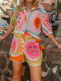 Printed Button Up Shirt and Shorts Set