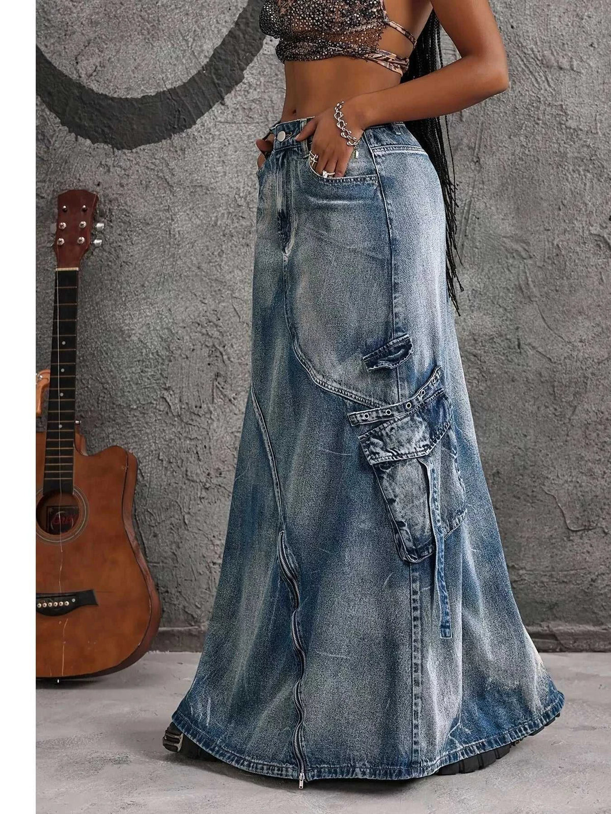 High-Waisted Denim Maxi Skirt with Zipper Slit 101003163311777 55 Affordable Fashion Under $100 Jerry's Apparel 