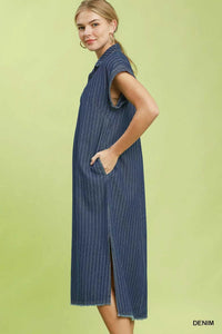 Umgee Pinstripe Denim Collared Midi Dress with Side Slits 100100970061245 66 Affordable Fashion Under $100 Jerry's Apparel 