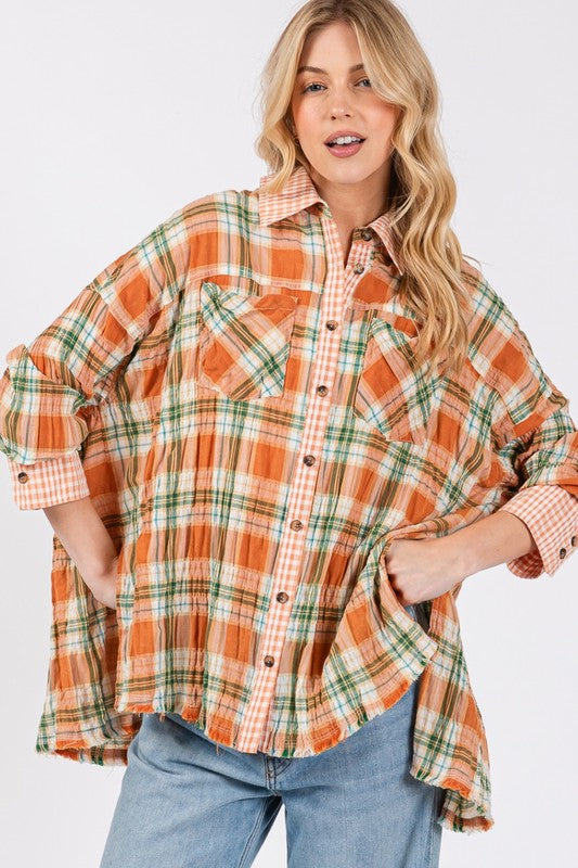 SAGE + FIG Side Slit Plaid Button Down Long Sleeve Shirt