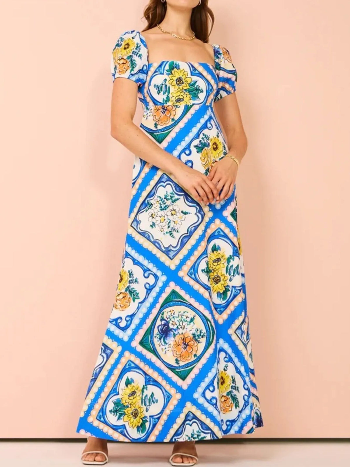 Printed Square Neck Puff Sleeve Maxi Dress