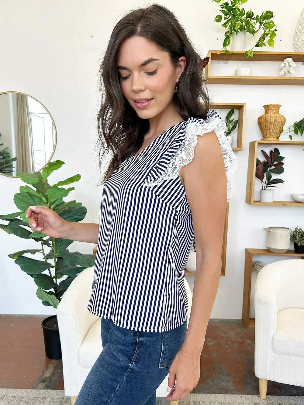 Perfee Lace Detail Ruffled Striped V-Neck Cap Sleeve Blouse 100100704281779 27 Affordable Fashion Under $100 Jerry's Apparel 