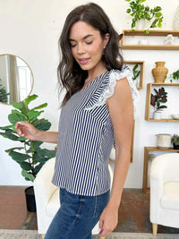 Perfee Lace Detail Ruffled Striped V-Neck Cap Sleeve Blouse 100100704281779 27 Affordable Fashion Under $100 Jerry's Apparel 