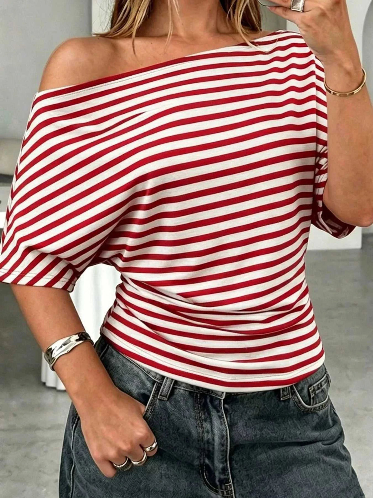 One Shoulder Striped Dolman Sleeve T-Shirt 100100582447121 35 Affordable Fashion Under $100 Jerry's Apparel 