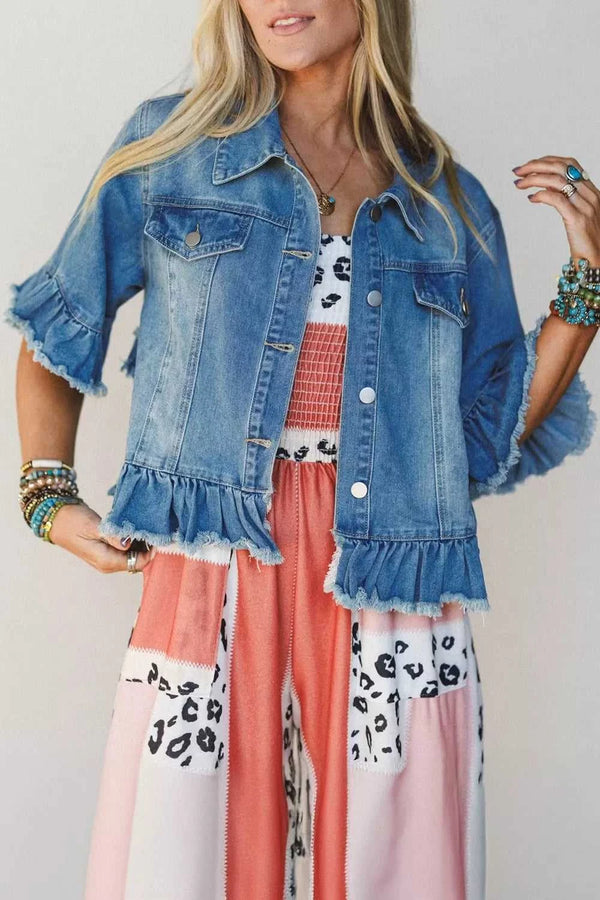 Ruffle Hem Raw Edge Half Sleeve Western Denim Jacket 100100587100351 77 Affordable Fashion Under $100 Jerry's Apparel 