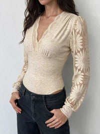 V-Neck Lace Trim Floral Mesh Sleeve Bodysuit 101001744297660 36 Affordable Fashion Under $100 Jerry's Apparel 