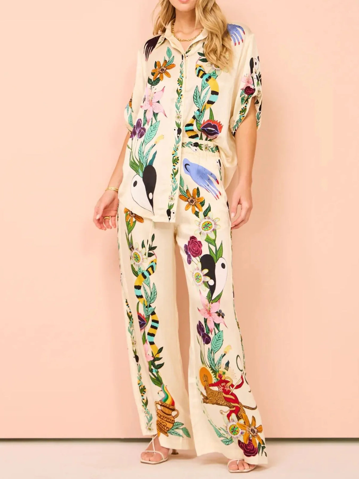 Printed Button Up Shirt and Pants Set