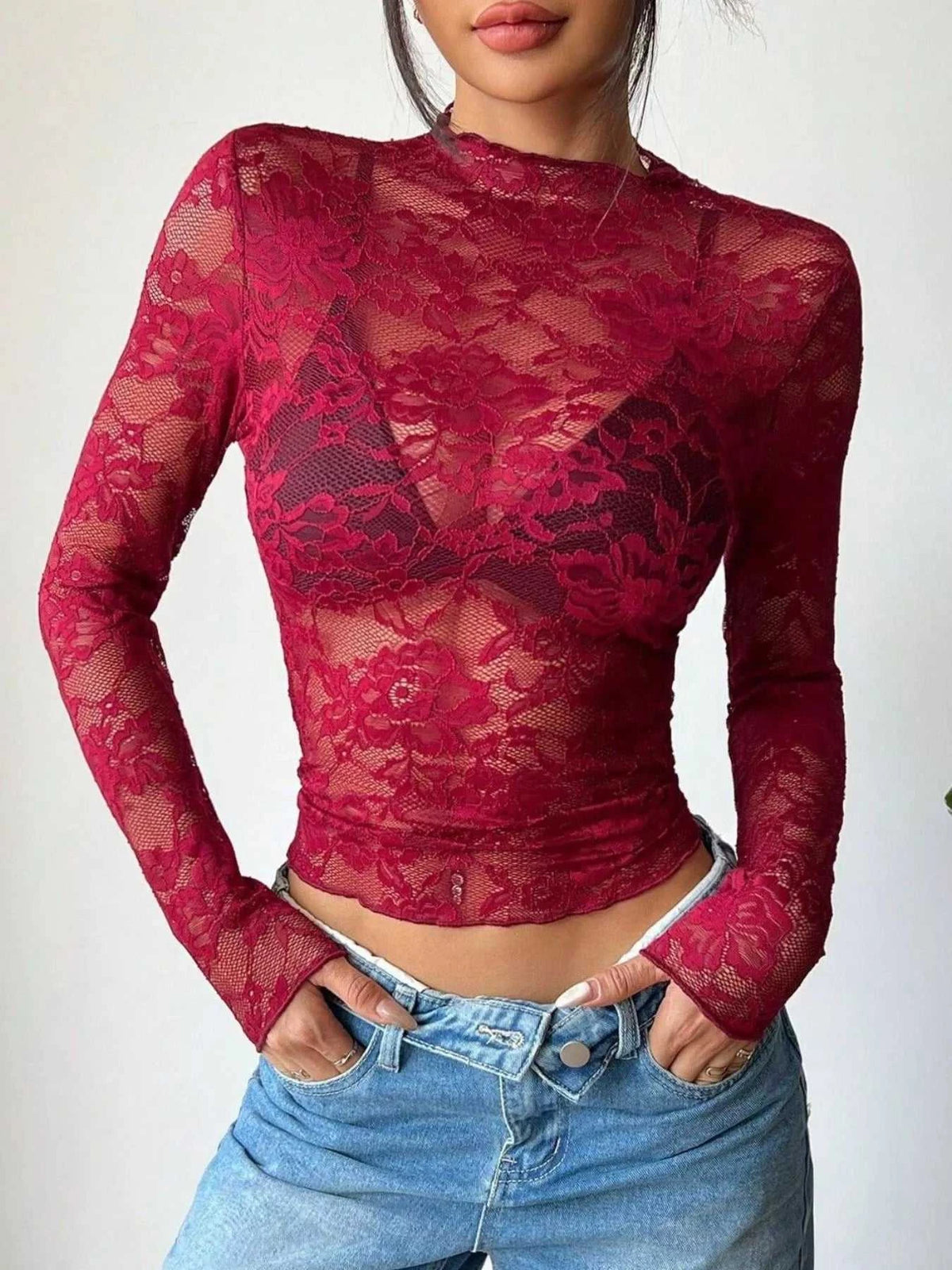 Elegant Floral Lace Long Sleeve Top 100100546169015 23 Affordable Fashion Under $100 Jerry's Apparel 