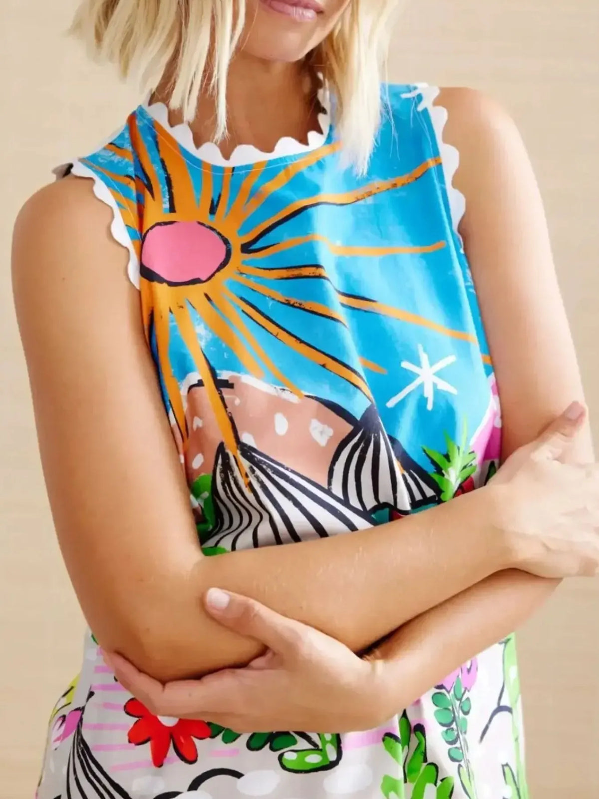 Printed Round Neck Sleeveless Mini Dress