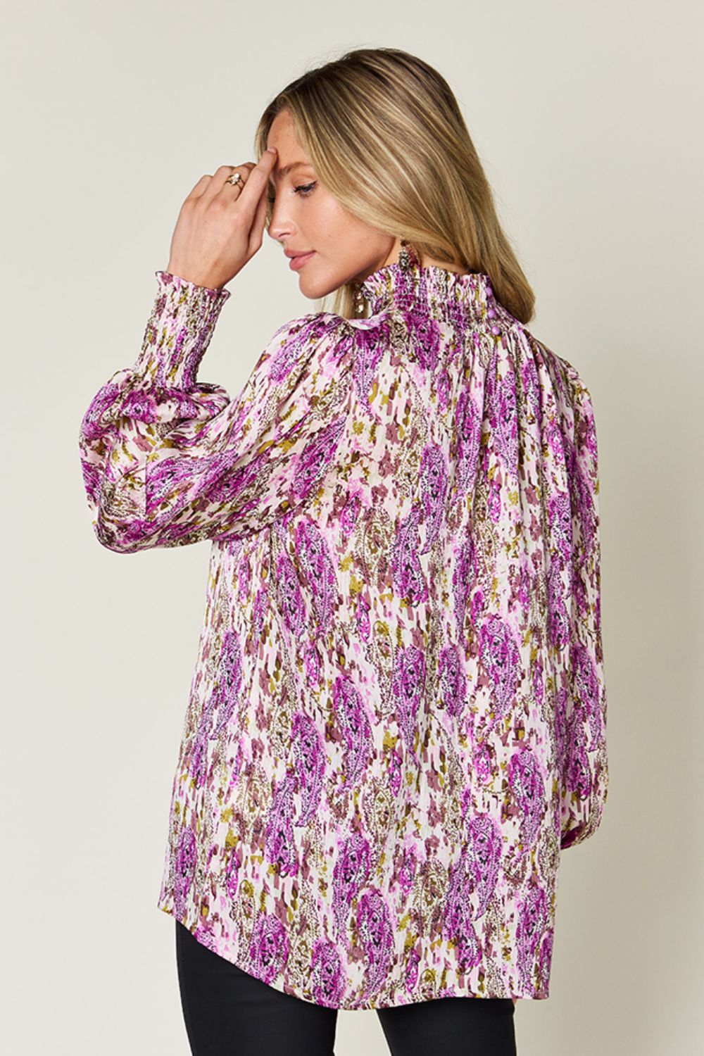 Full Size Printed Smocked Long Sleeve Blouse