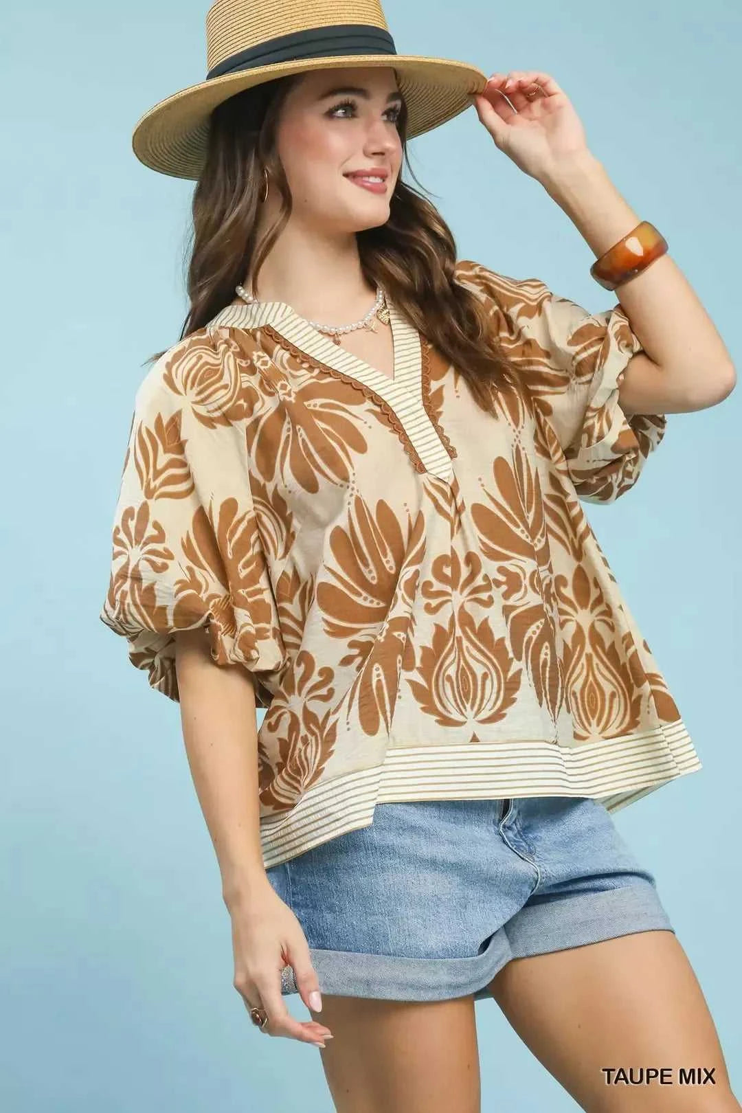 Umgee Mix Printed Puff Sleeve Top with Contrast Trim 100100078281232 47 Affordable Fashion Under $100 Jerry's Apparel 