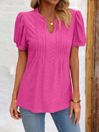 Eyelet Notched Puff Sleeve T-Shirt