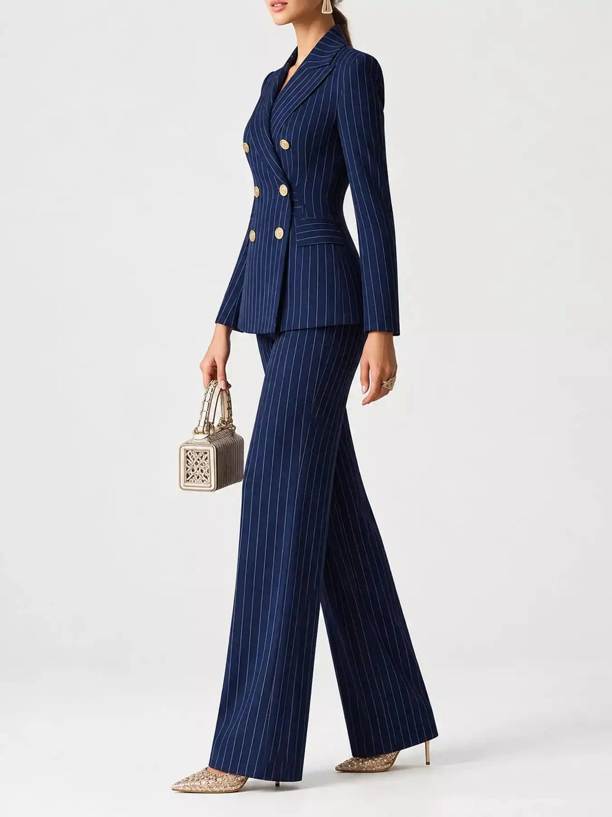 Double-Breasted Pinstripe Blazer and Wide-Leg Pants Set 101001905010997 103 Gifts for Her Jerry's Apparel 