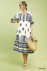 Umgee Border Print Midi Dress with Puff Sleeves 100100999481201 53 Affordable Fashion Under $100 Jerry's Apparel 