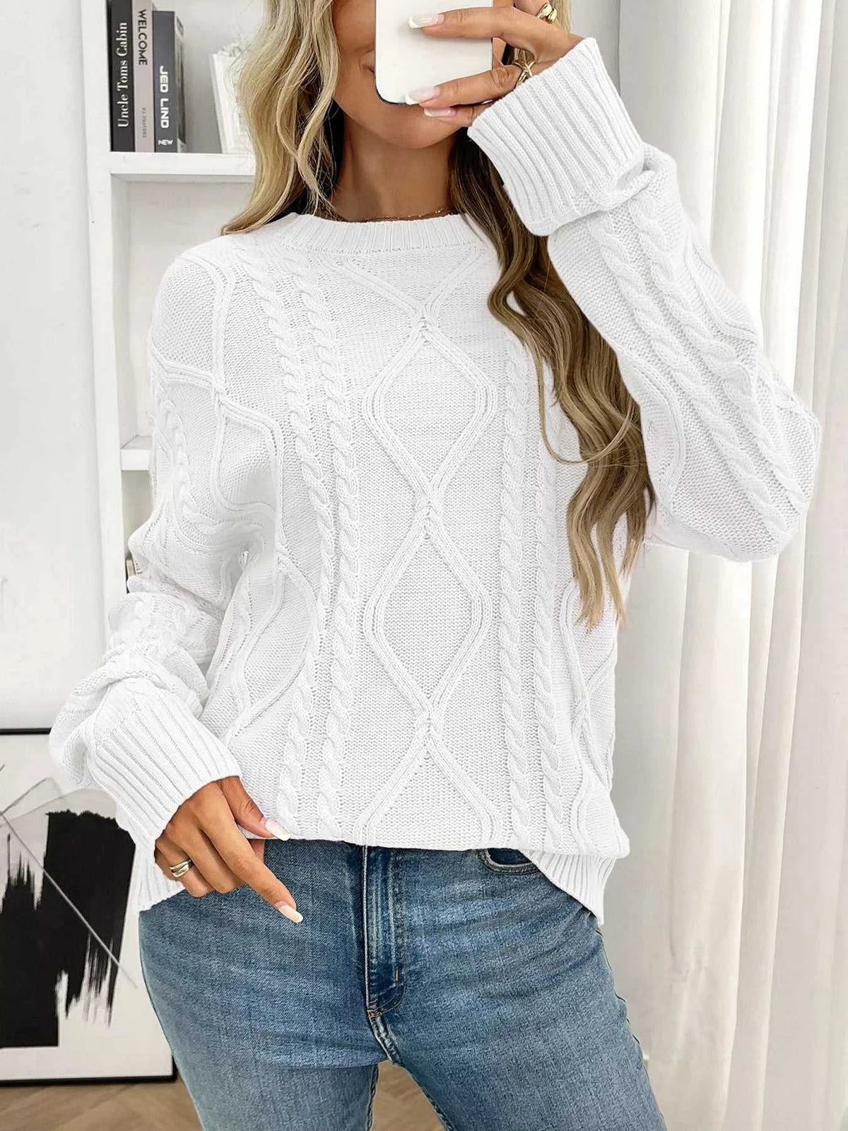 Cable Knit Round Neck Long Sleeve Sweater 100100086035617 48 Seasonal Fashion Collections Jerry's Apparel 