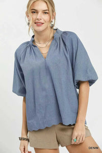 Umgee Chambray Scallop Hem Puff Sleeve Top 100100827681946 55 Affordable Fashion Under $100 Jerry's Apparel 