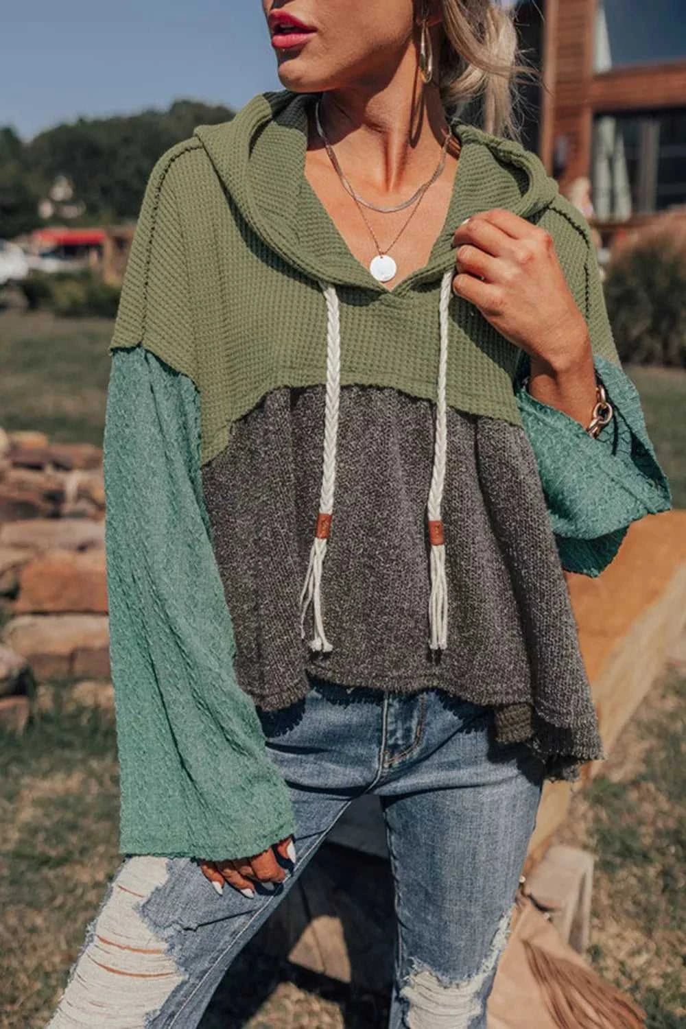 Color Block Waffle Knit Raw Hem Hoodie 100100959651354 43 Affordable Fashion Under $100 Jerry's Apparel 