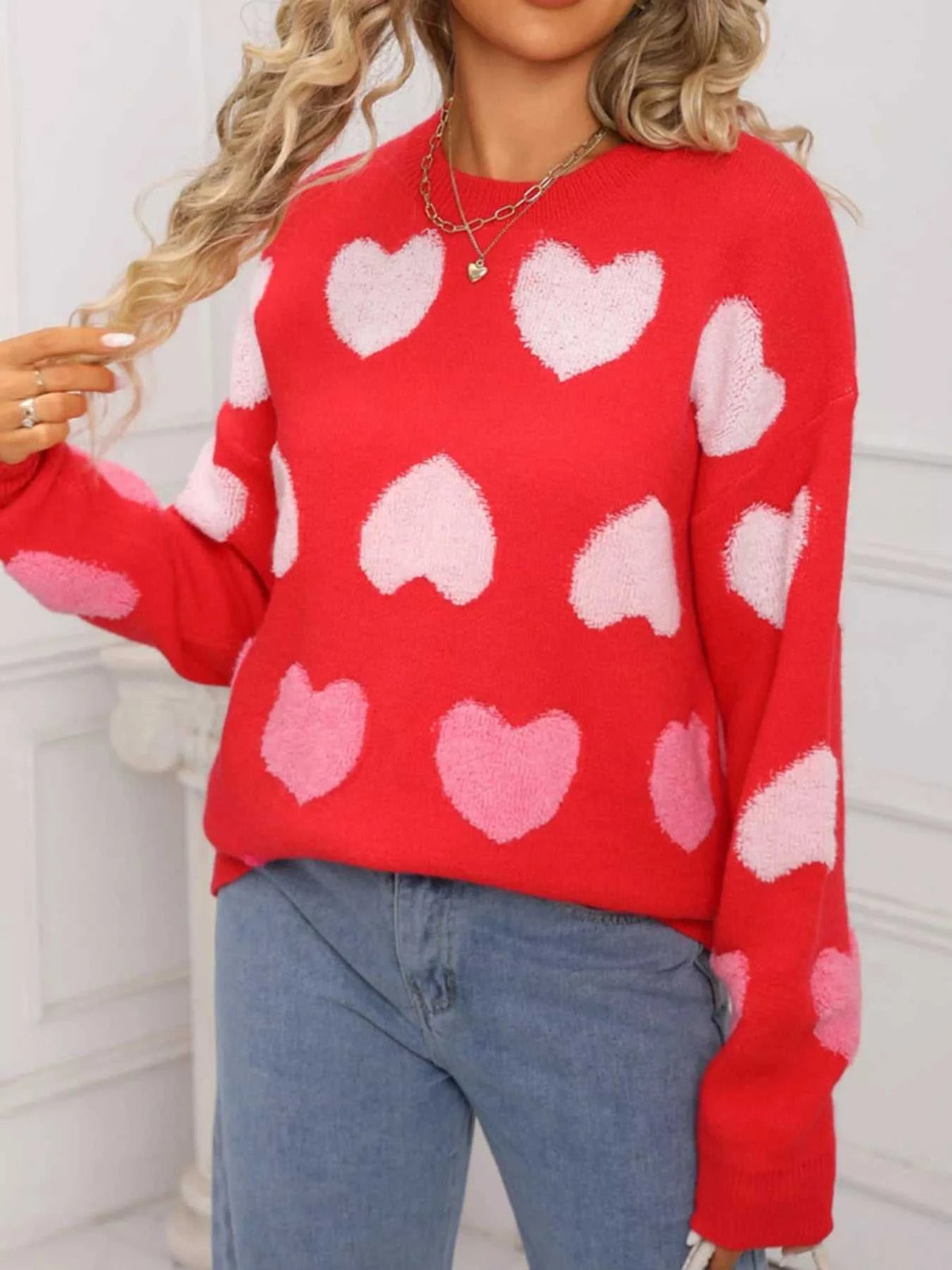 Valentine's Day Heart Pattern Fuzzy Knit Sweater 100100216252554 50 Gifts for Her Jerry's Apparel 