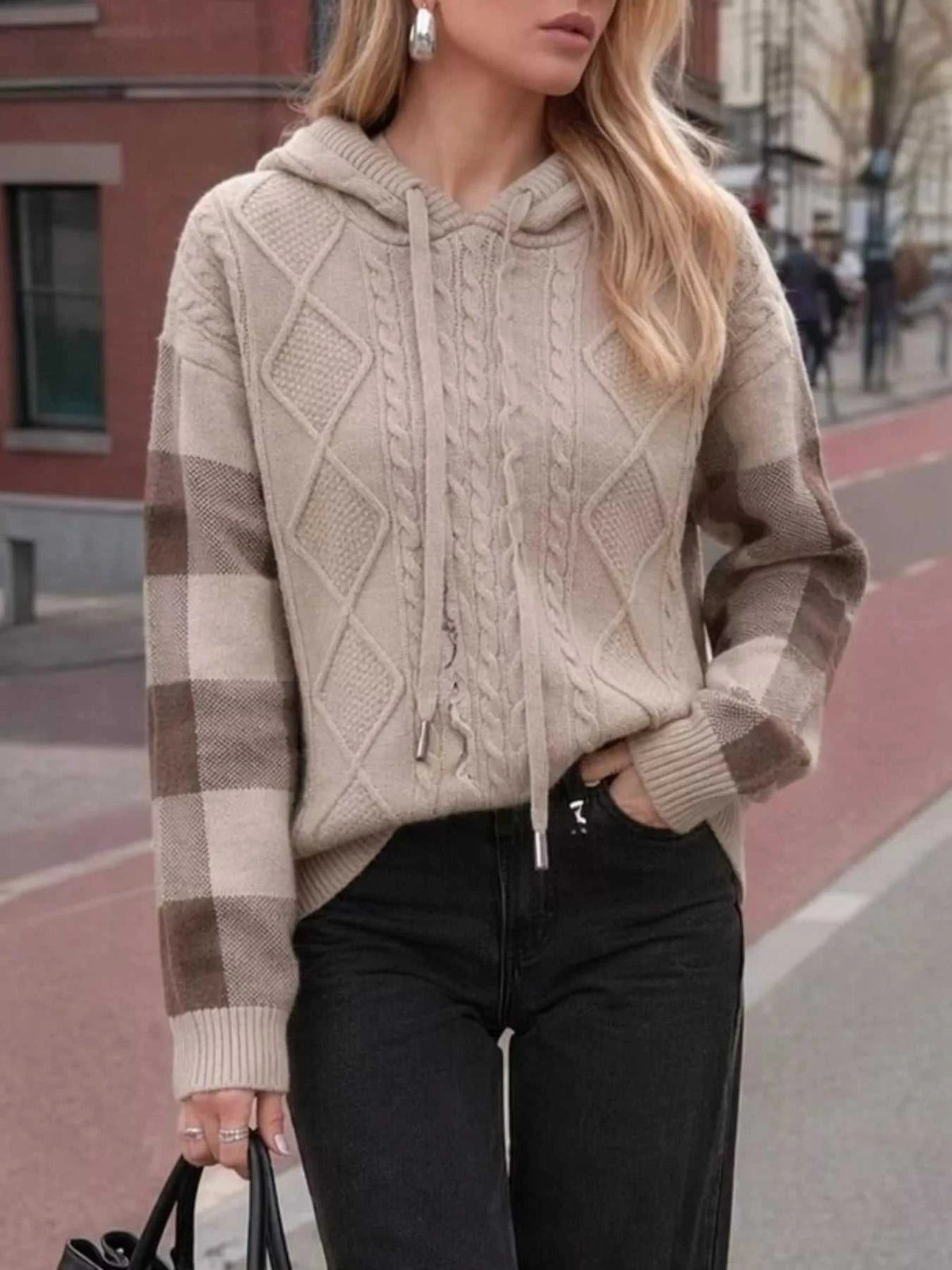 Cable-Knit Plaid Sleeves Hooded Sweater 101002546453697 40 Affordable Fashion Under $100 Jerry's Apparel 