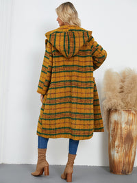 Plaid Long Sleeve Hooded Coat with Pockets