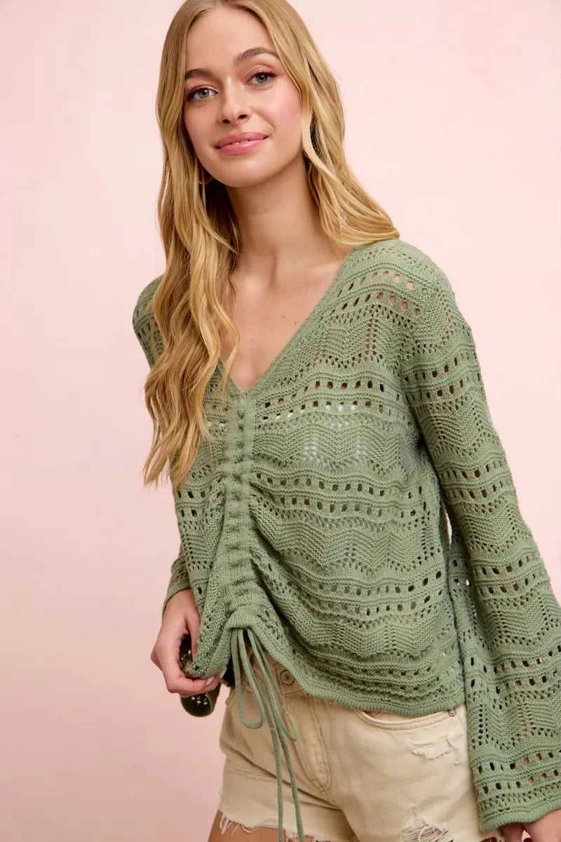 BiBi Pointelle Knit V Neck Ruched Front Lightweight Top 100100962711230 42 Affordable Fashion Under $100 Jerry's Apparel 