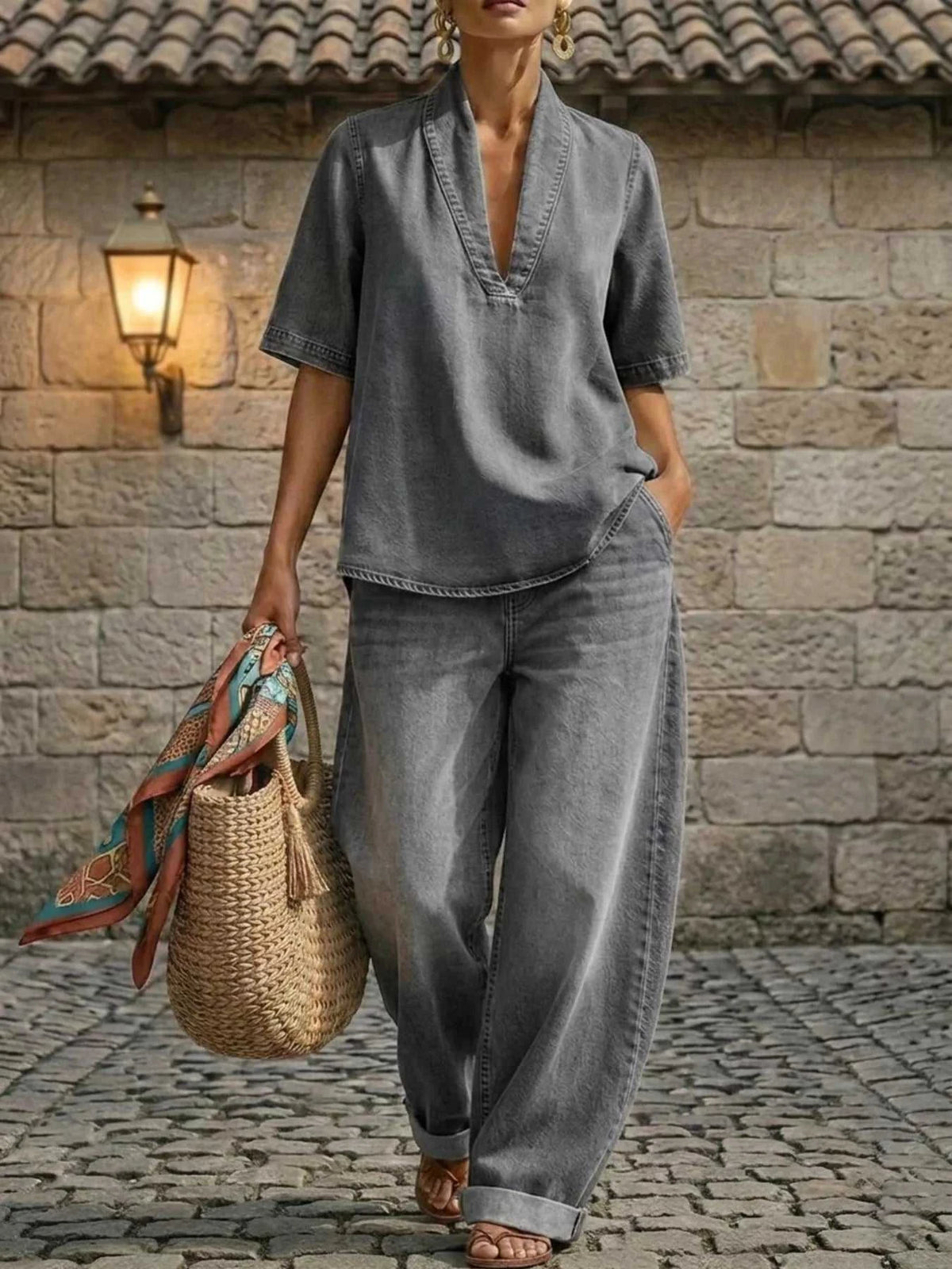 Full Size Half Sleeve Top and Wide Leg Pants Set Plus Size 100100993436564 63 Affordable Fashion Under $100 Jerry's Apparel 
