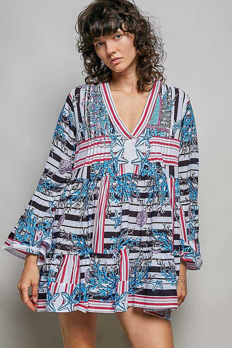 POL Striped Floral Long Sleeve Mini Dress with Pintuck Detail 100100459401126 52 Affordable Fashion Under $100 Jerry's Apparel 