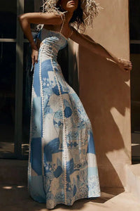 Cutout Back Printed Square Neck Maxi Dress
