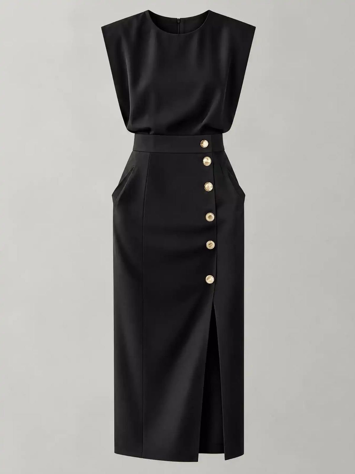 Sleeveless Midi Dress with Gold Button Detail and Side Slit 101001590890082 42 Affordable Fashion Under $100 Jerry's Apparel 