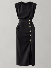 Sleeveless Midi Dress with Gold Button Detail and Side Slit 101001590890082 42 Affordable Fashion Under $100 Jerry's Apparel 