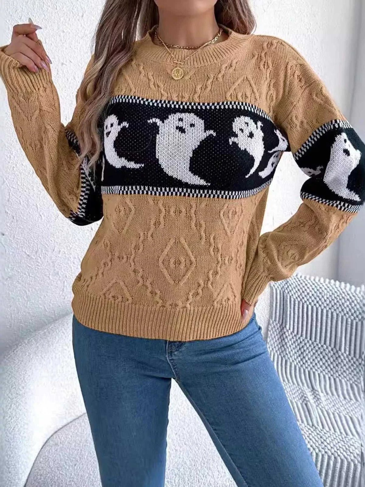 Halloween Ghost Pattern Textured Sweater 101002208811707 37 Affordable Fashion Under $100 Jerry's Apparel 