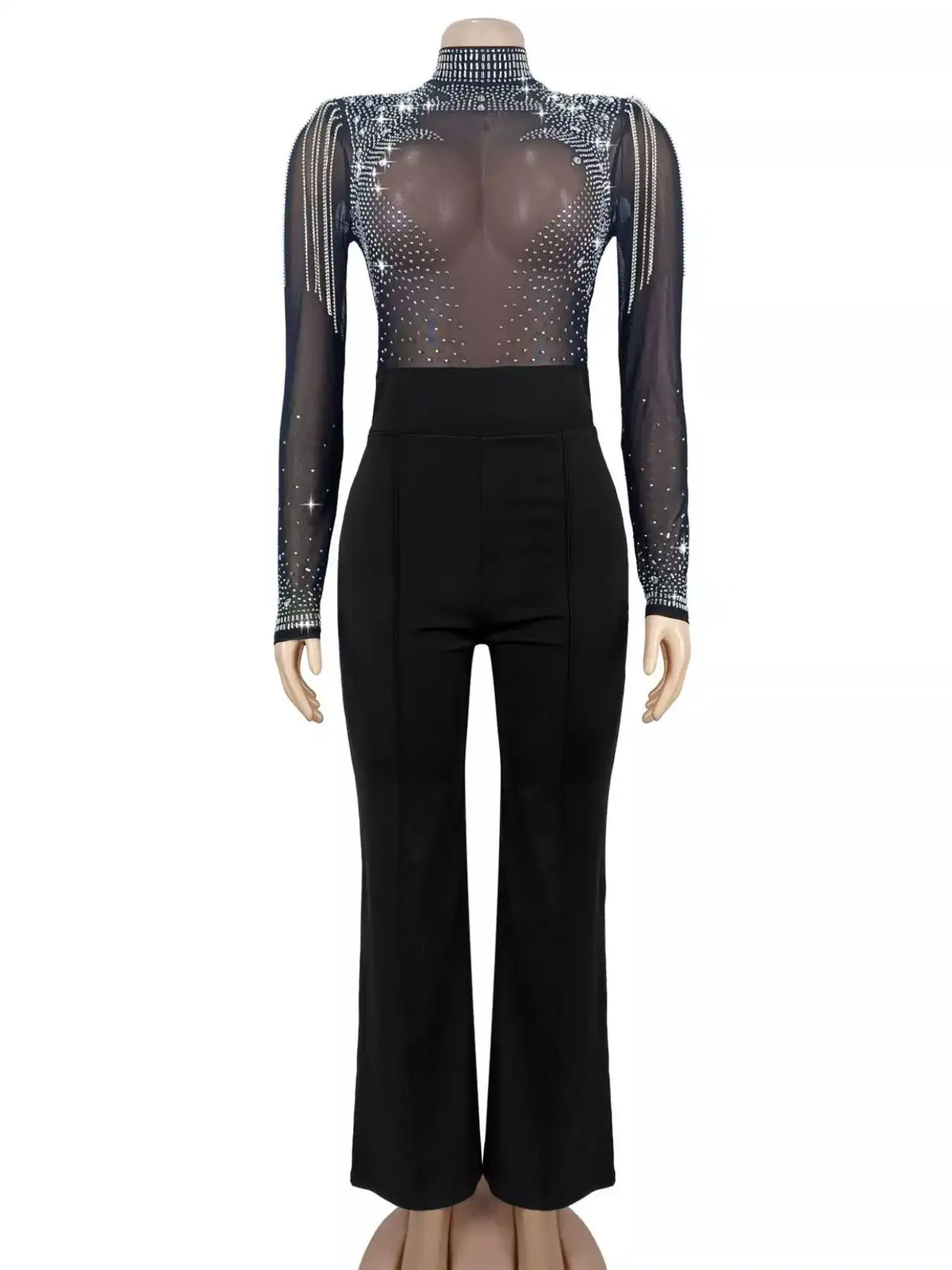 Rhinestone Embellished Mesh Long Sleeve Jumpsuit 101001129967471 84 Affordable Fashion Under $100 Jerry's Apparel 