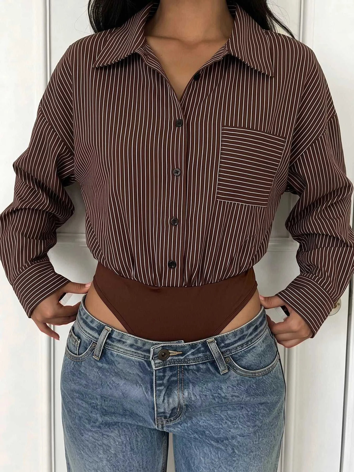 Striped Button-Up Bodysuit 100100357663685 34 Affordable Fashion Under $100 Jerry's Apparel 