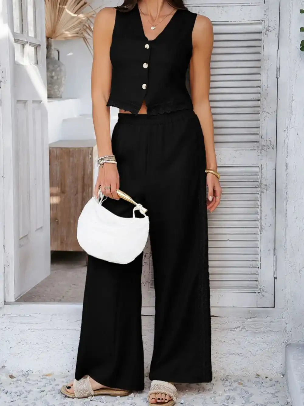 Devine Button Down Lace Detail Vest and Pants Set 100100550395768 62 Affordable Fashion Under $100 Jerry's Apparel 