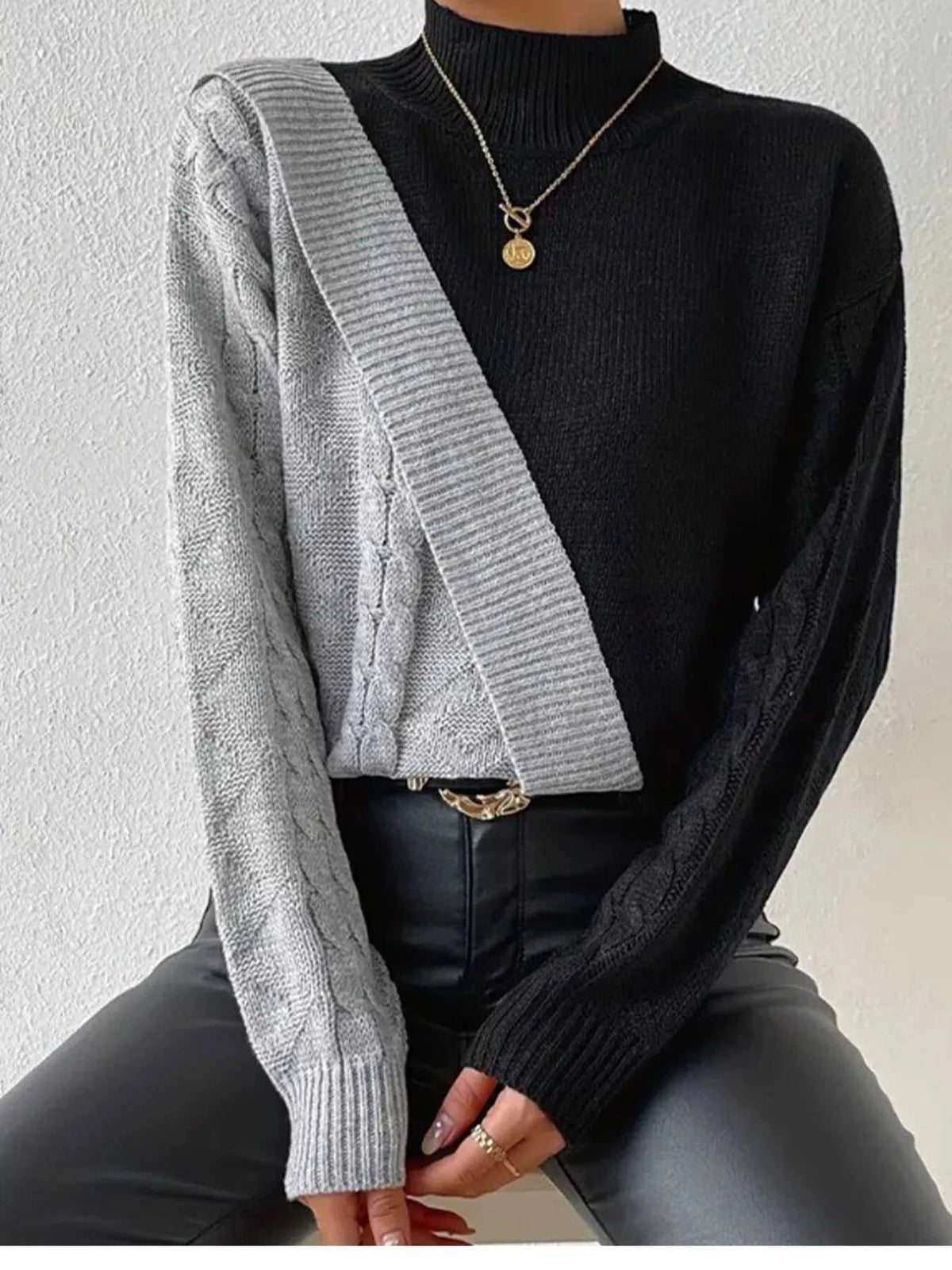 Color Block Cable Knit Mock Neck Sweater 101002950015213 40 Affordable Fashion Under $100 Jerry's Apparel 