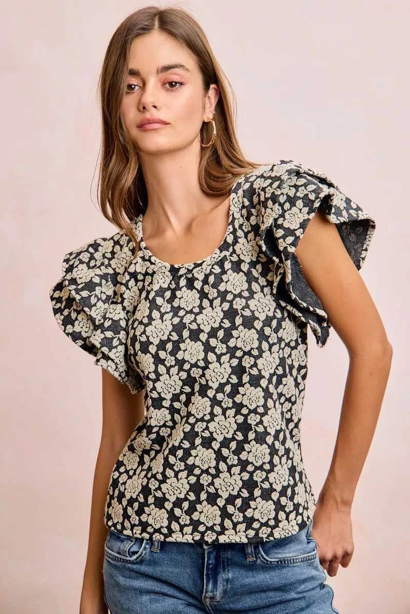 BiBi Floral Jacquard Ruffle Sleeves Knit Top 100100264791752 46 Affordable Fashion Under $100 Jerry's Apparel 