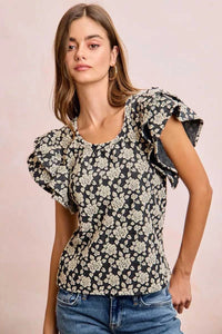 BiBi Floral Jacquard Ruffle Sleeves Knit Top 100100264791752 46 Affordable Fashion Under $100 Jerry's Apparel 