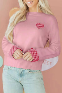 Plaid Heart Embroidered Cuffed Drop Shoulder Crew Neck Sweater 100100906455941 57 Women's Sweaters and Knitwear Jerry's Apparel 
