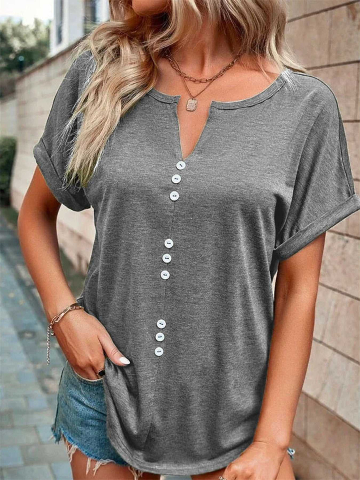 Full Size Decor Button Short Sleeve T-Shirt Plus Size 100100492662512 24 Affordable Fashion Under $100 Jerry's Apparel 