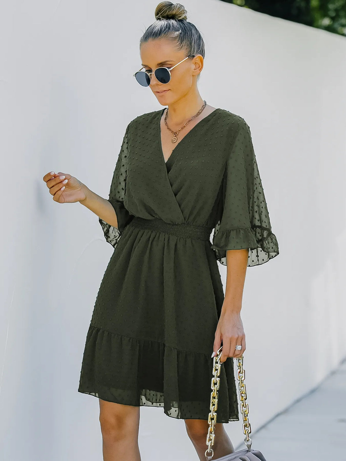 Swiss Dot Flare Sleeve Wrap Mini Dress